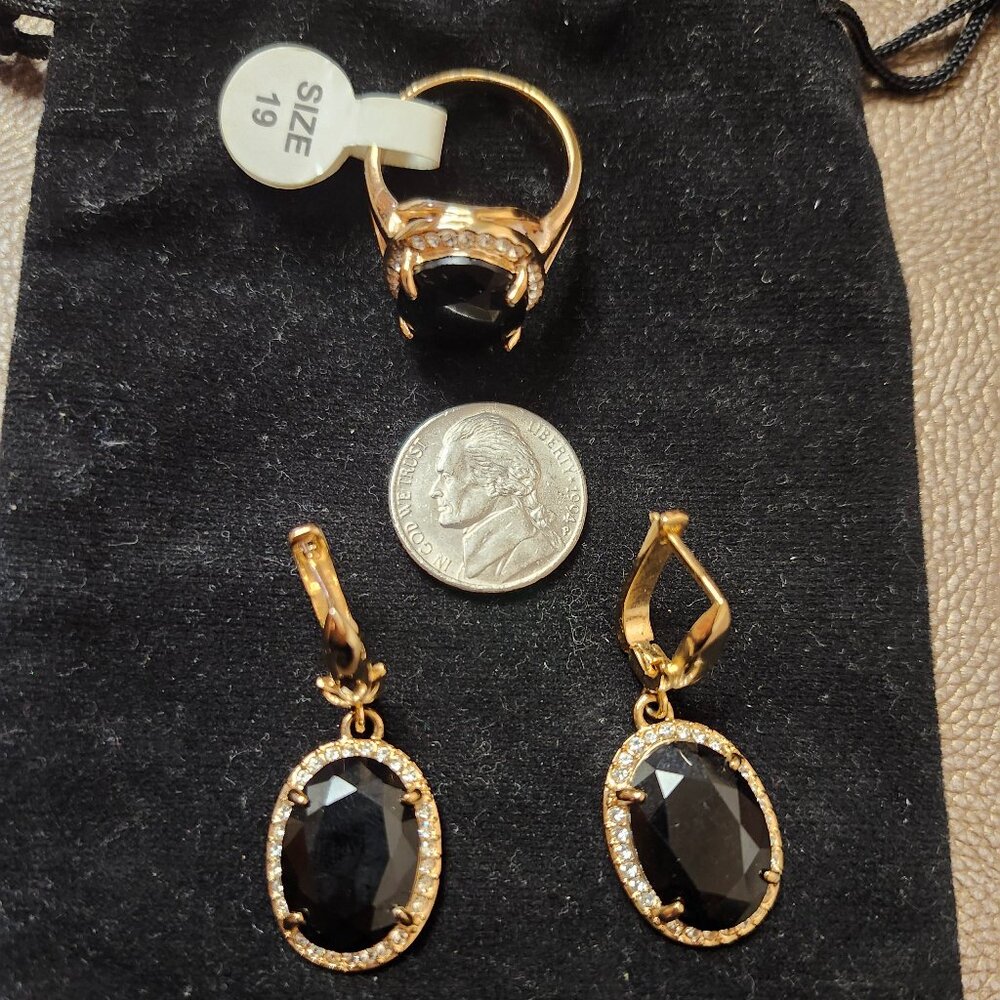 Goldtone Hanging Earrings and Ring Set with Black Stones+CZ